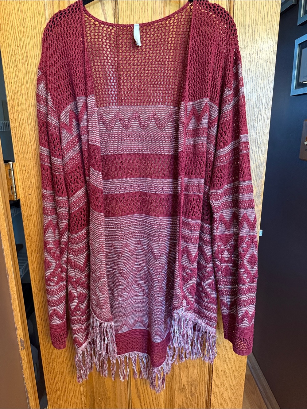 Vanity XL Open-Front Burgundy Fringe Sweater Cardigan NWOT